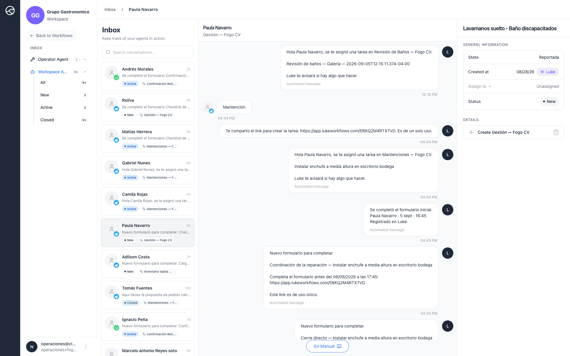 La bandeja de Luke con conversaciones de WhatsApp y Telegram y el registro asociado
